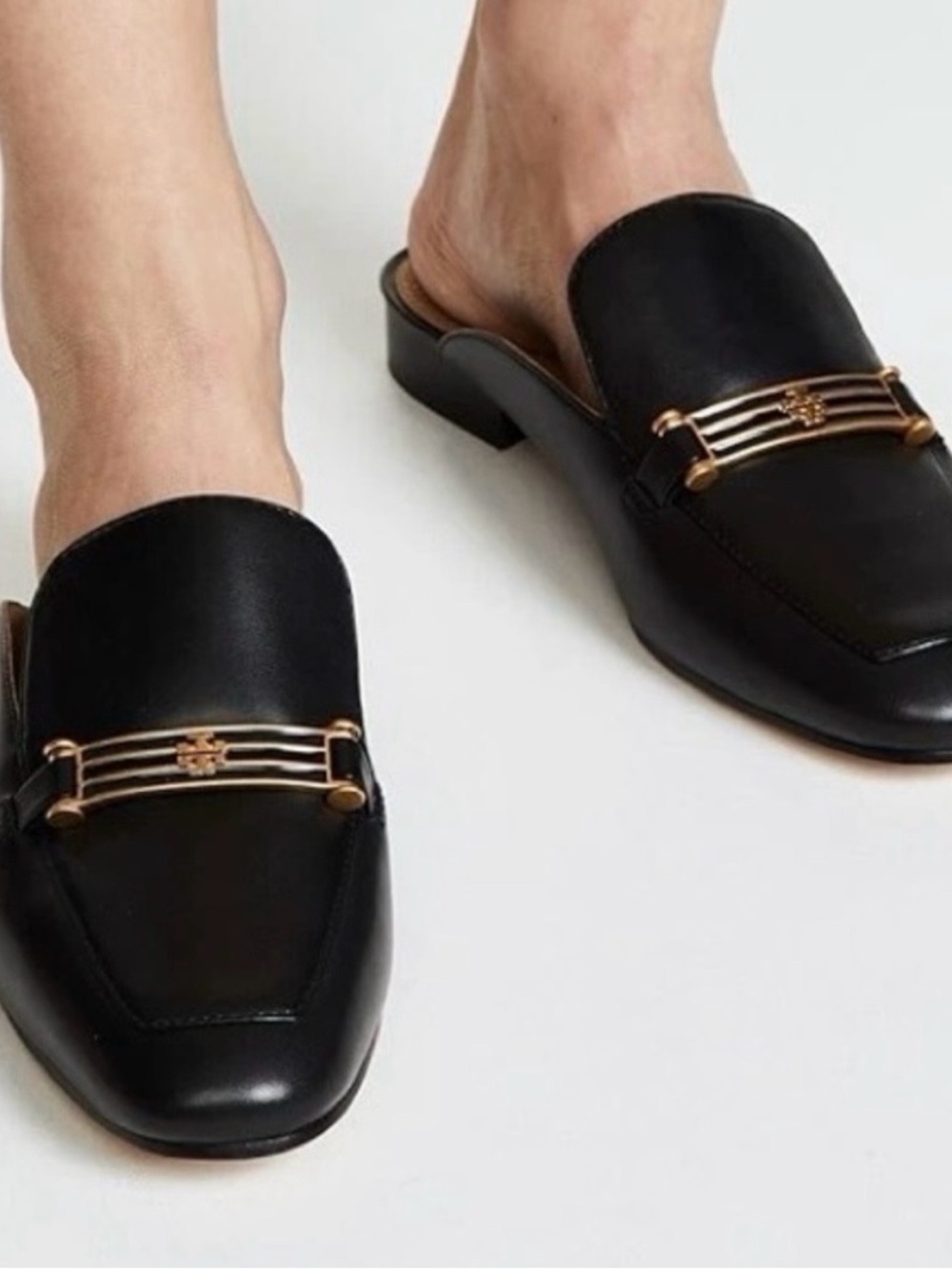 Tory Burch Black Leather Slide Mules with Gold Hardware